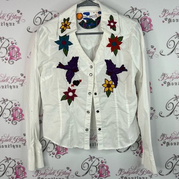 Razzle dazzle button up collared White Floral Embroidered Button-Down Shirt - Picture 1 of 8